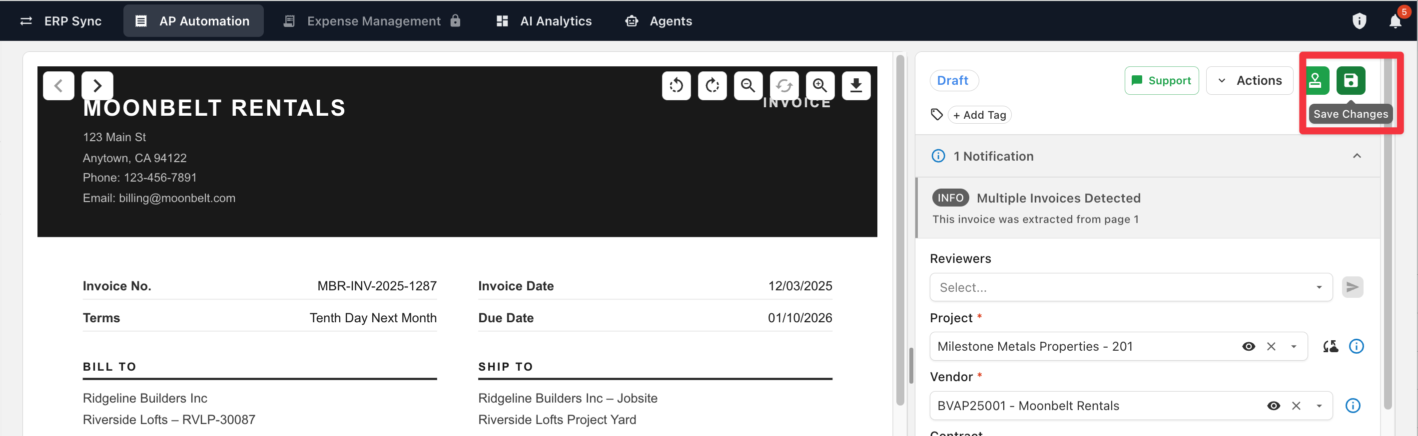 Save Changes tooltip on the invoice action bar