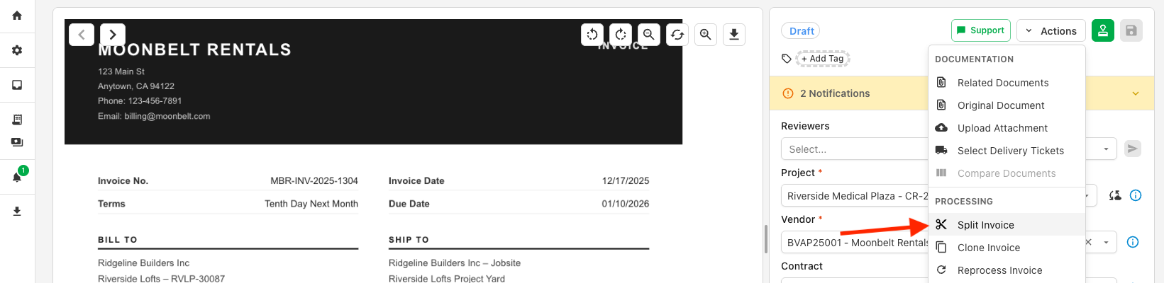 Invoice detail page with the Actions dropdown open and the Split Invoice option