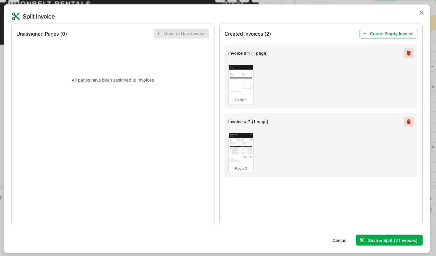 Manual split view with document pages being dragged to regroup them into separate invoices