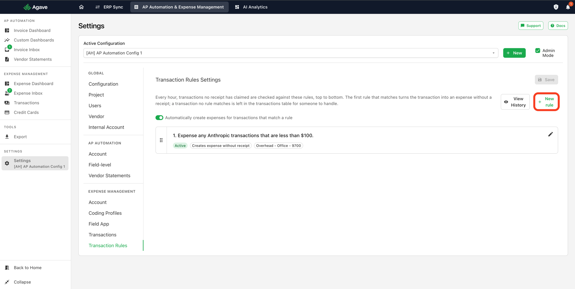 The transaction rules list with one rule and the New rule button