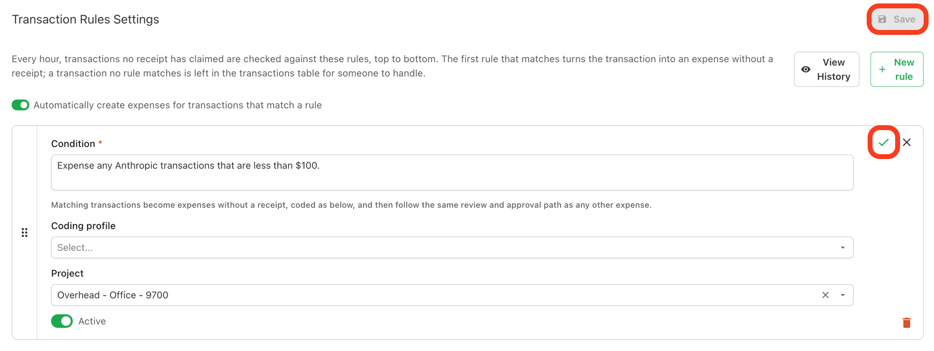The rule editor showing the Condition field, Coding profile and Project dropdowns, and the Active toggle