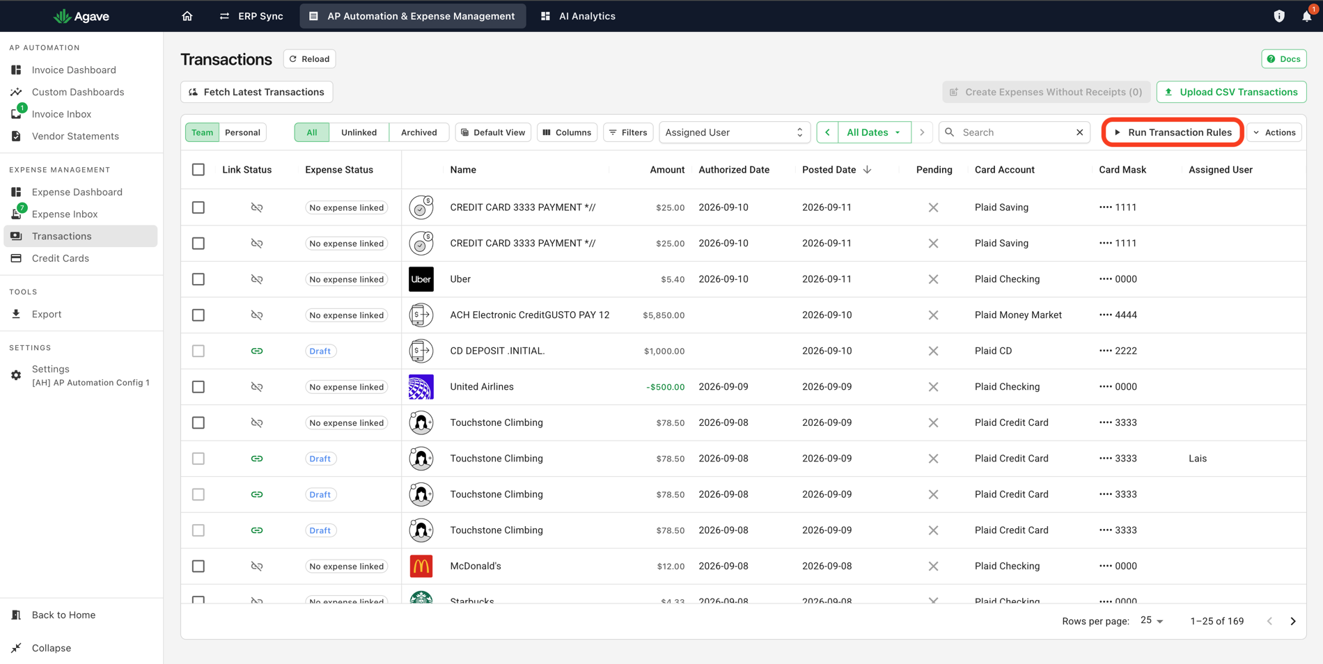 The Transactions page with the Create Expenses Without Receipts button and the Run Transaction Rules button in the toolbar