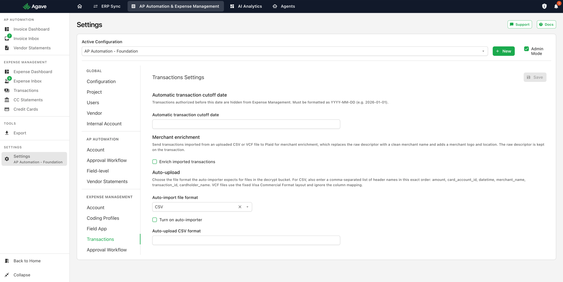 The Transactions Settings page with the cutoff date, merchant enrichment, and auto-upload settings