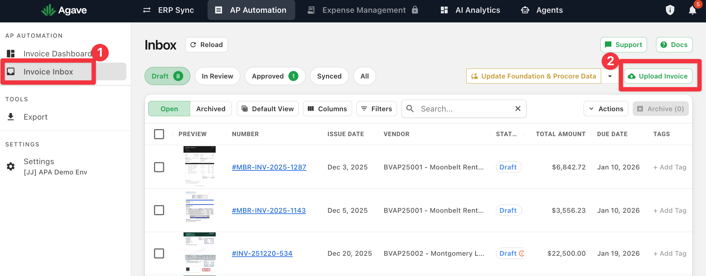 Invoice Inbox with Upload Invoice highlighted