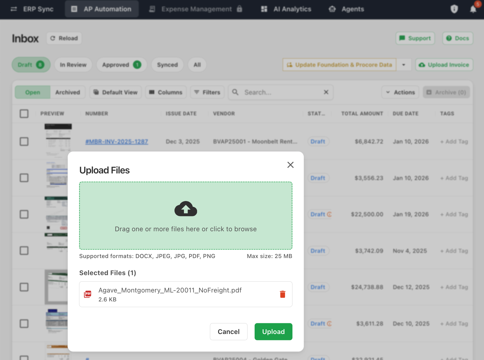 The Upload Files dialog with supported formats and Upload