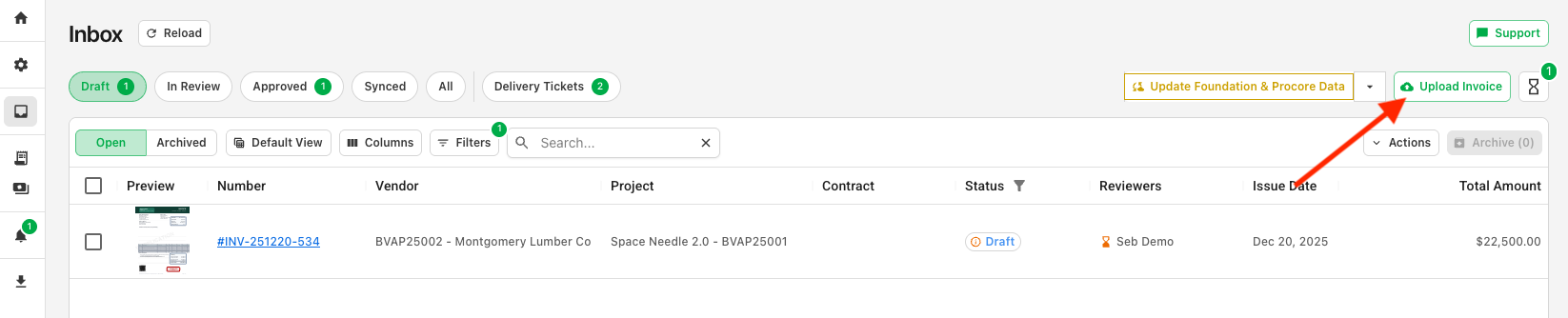 Agave invoice Inbox with the Upload Invoice button highlighted in the top right