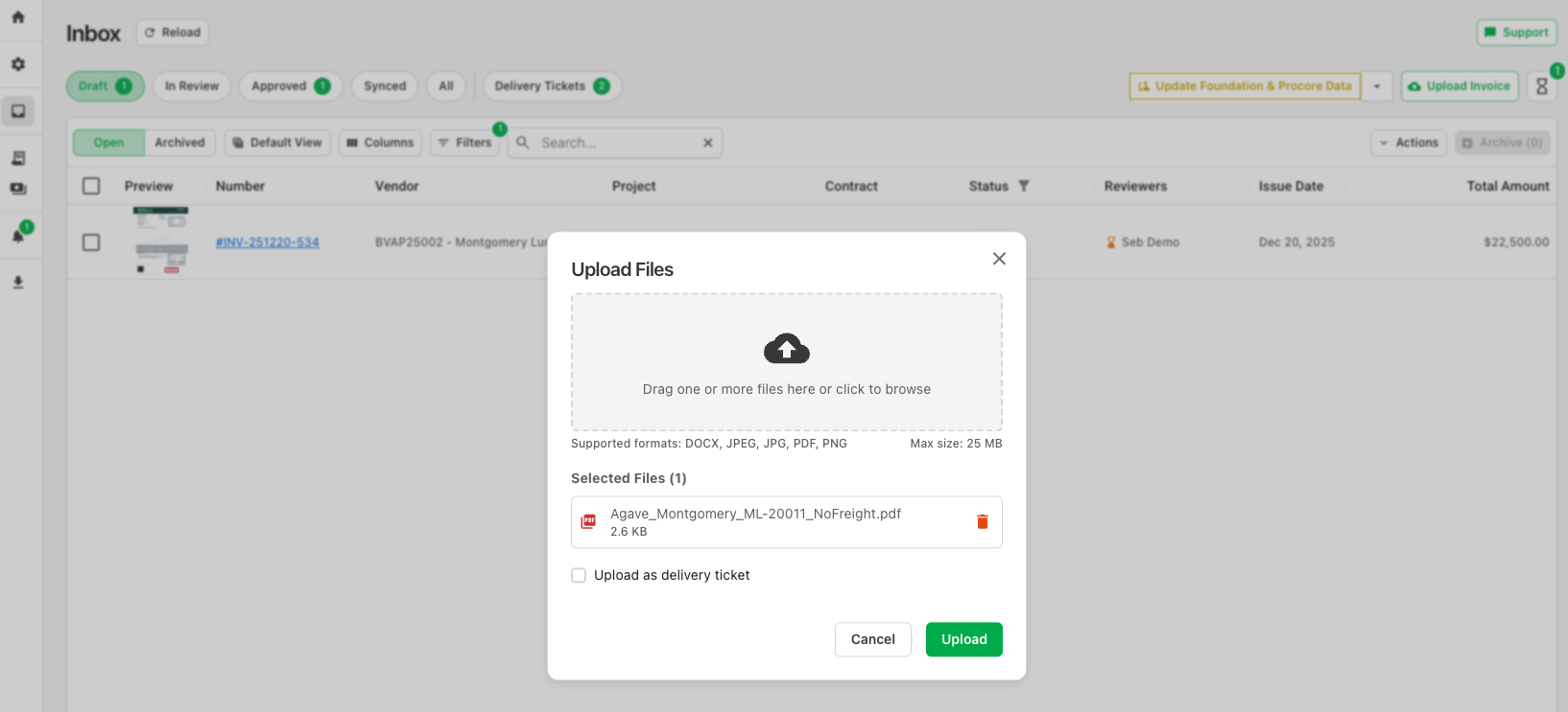 Upload dialog for dragging and dropping invoice files or choosing them from the file selector