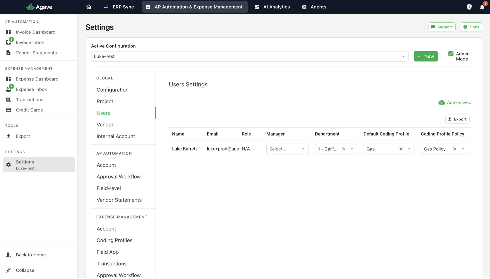 The Users Settings page with Default Coding Profile and Coding Profile Policy columns set for a user