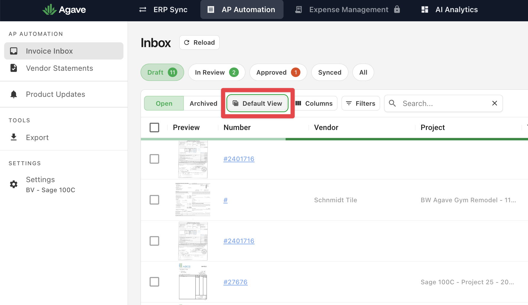 Inbox toolbar with the view selector showing Default View