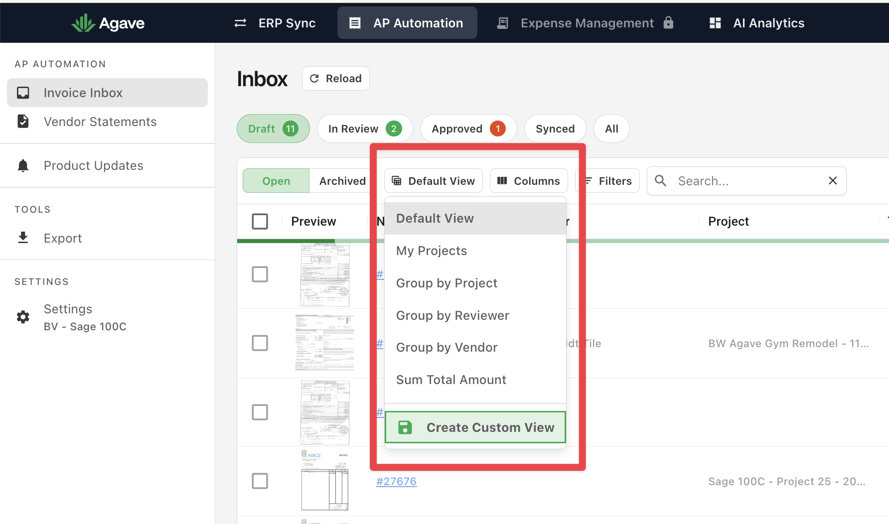The Inbox view selector dropdown with Create Custom View
